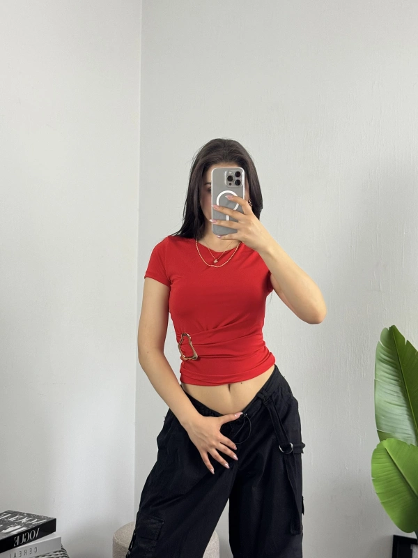 Drape Gold Tokalı Bluz Kırmızı