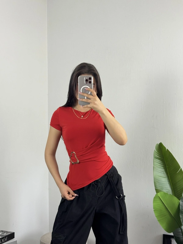 Drape Gold Tokalı Bluz Kırmızı