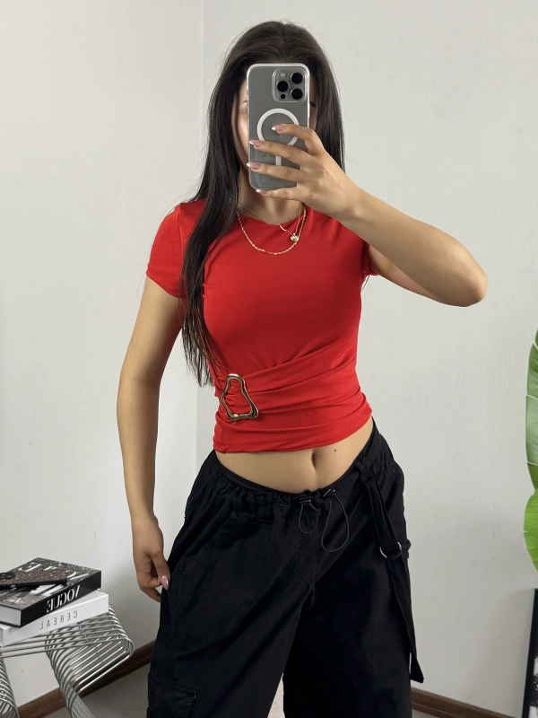 Drape Gold Tokalı Bluz Kırmızı