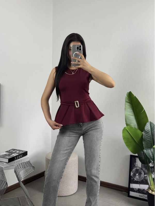 Çan Kesim Gold Tokalı Bluz Bordo