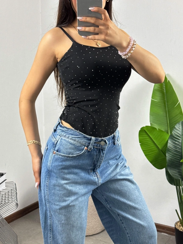 Mini Taşlı Ayarlanabilir Askılı Bodysuit Siyah