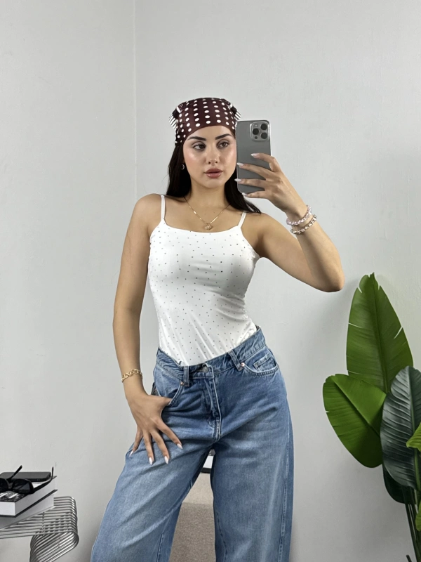 Mini Taşlı Ayarlanabilir Askılı Bodysuit Beyaz