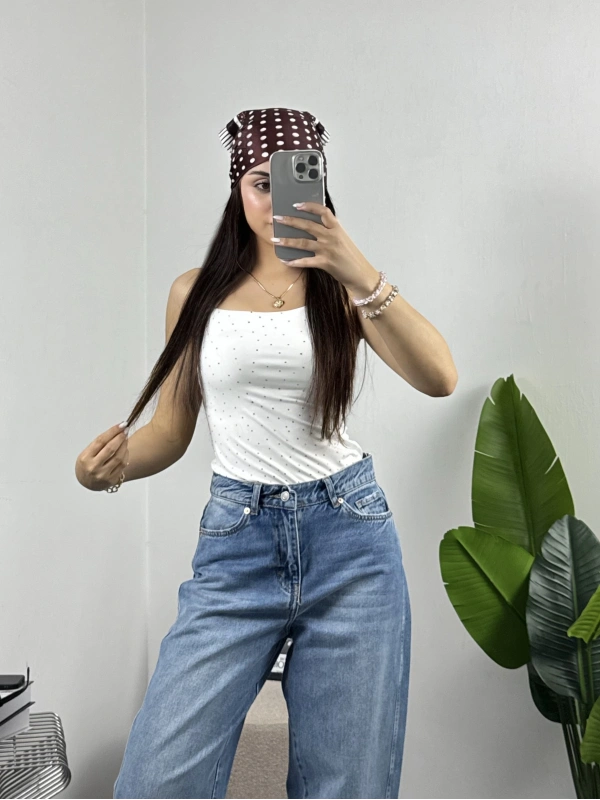 Mini Taşlı Ayarlanabilir Askılı Bodysuit Beyaz