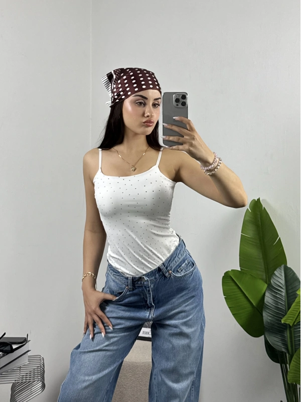 Mini Taşlı Ayarlanabilir Askılı Bodysuit Beyaz