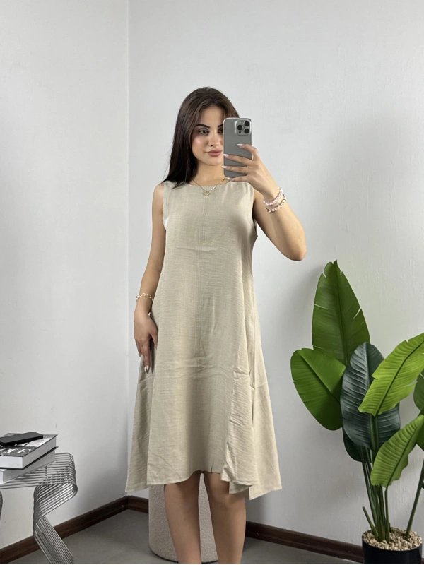 ZR Orj Marka Salaş Keten Elbise Krem