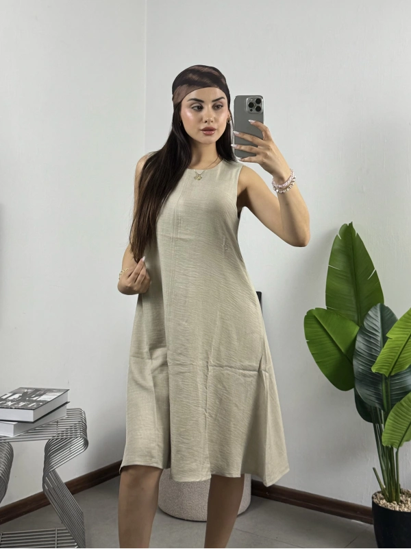 ZR Orj Marka Salaş Keten Elbise Krem