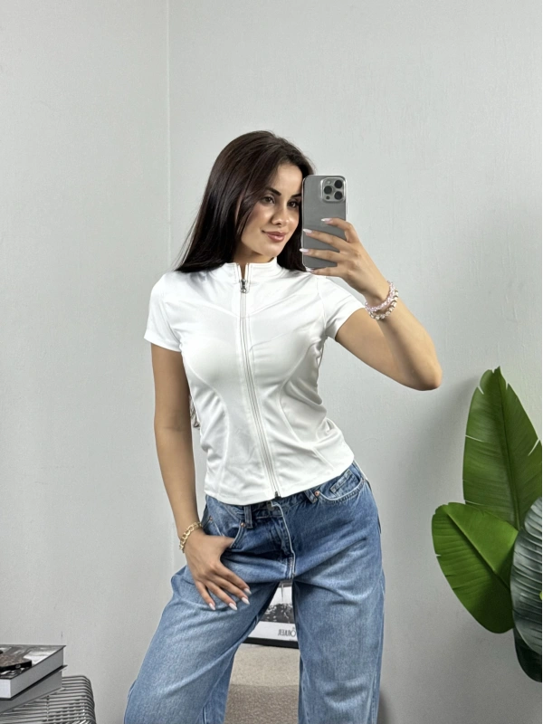 Beyaz Fermuarlı Crop Spor Ceket