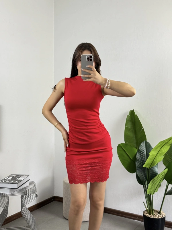 Dantelli Modal Mini Elbise Kırmızı