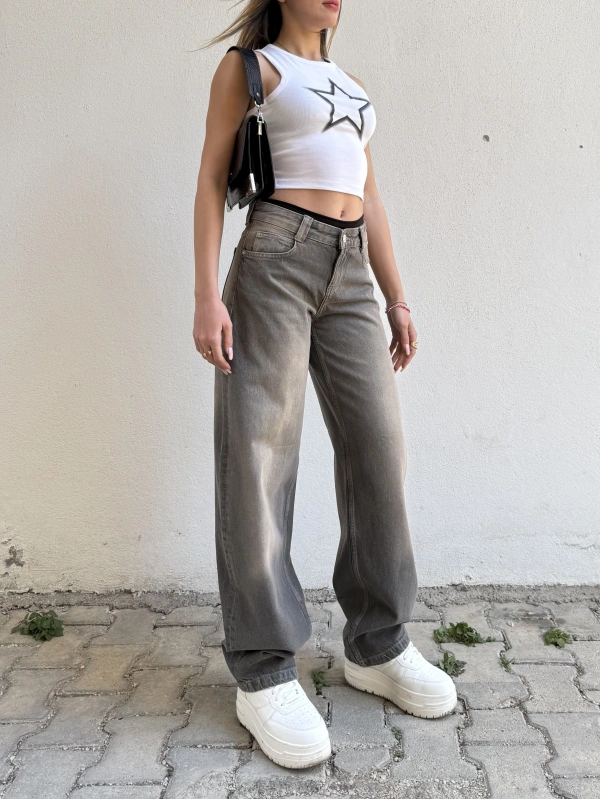 Brshka Gri Eskitme Unisex Baggy Pantolon