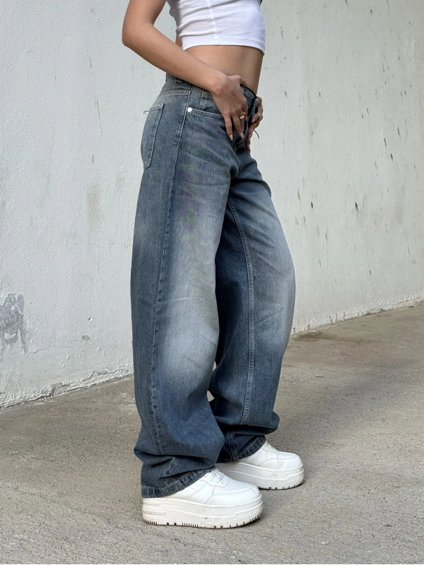 Brshka Mavi Eskitme Unisex Baggy Pantolon