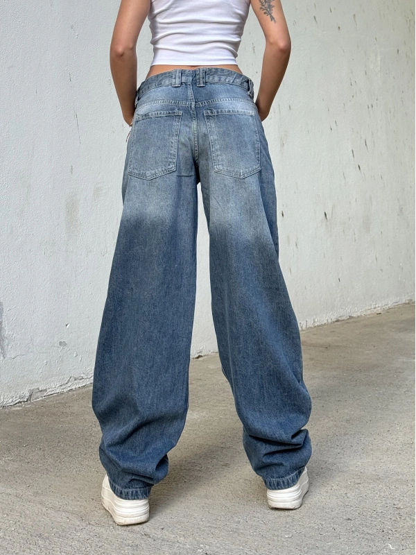 Brshka Mavi Eskitme Unisex Baggy Pantolon