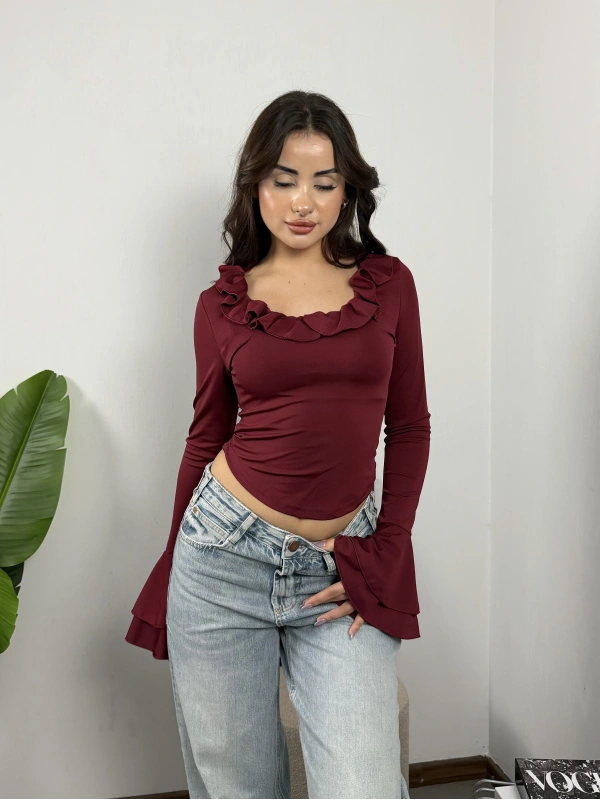 Carmen İspanyol Kollu Bluz Bordo