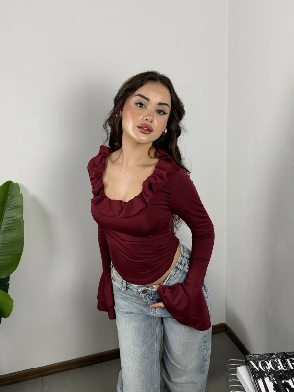 Carmen İspanyol Kollu Bluz Bordo