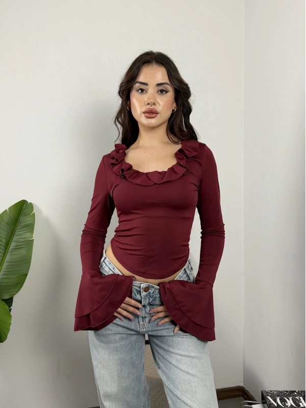 Carmen İspanyol Kollu Bluz Bordo