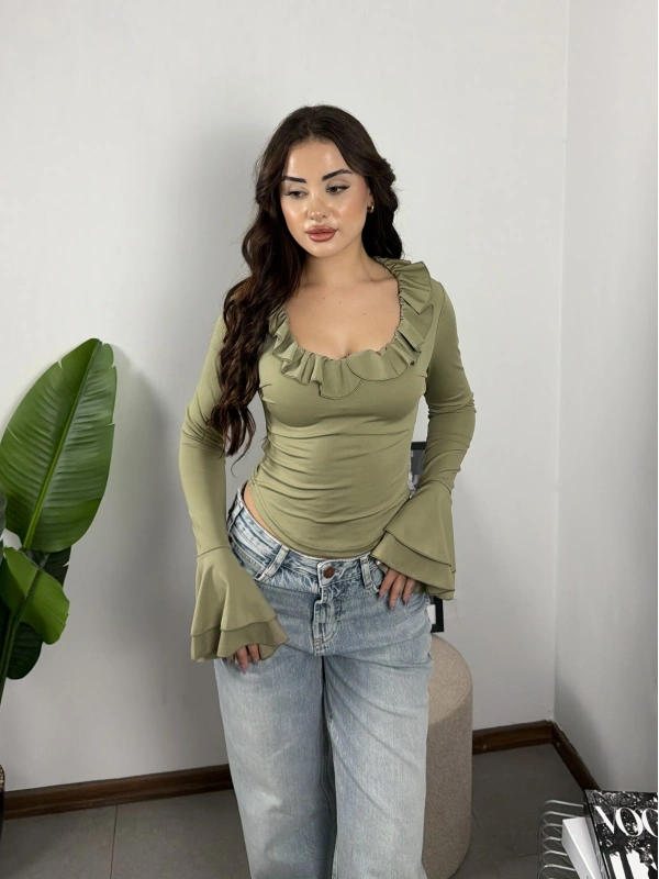 Carmen İspanyol Kollu Bluz Haki