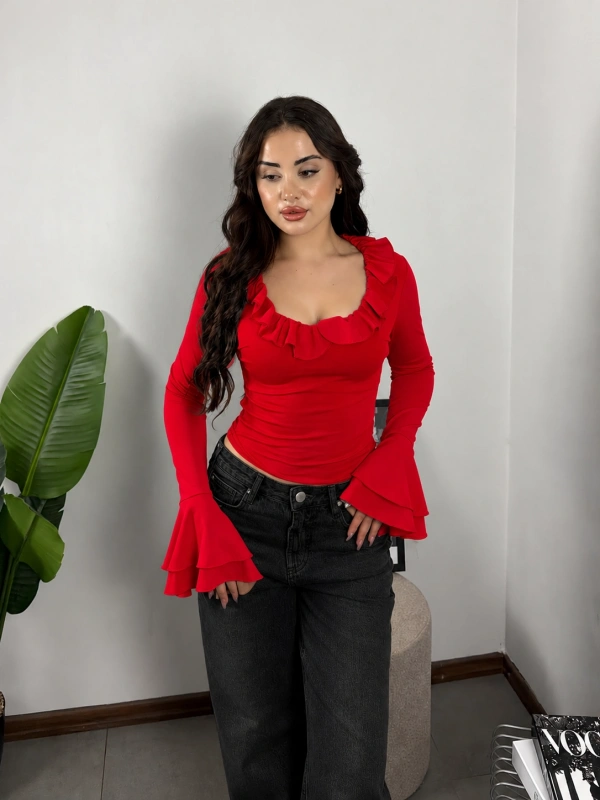 Carmen İspanyol Kollu Bluz Kırmızı