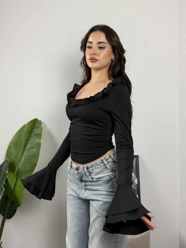 Carmen İspanyol Kollu Bluz Siyah
