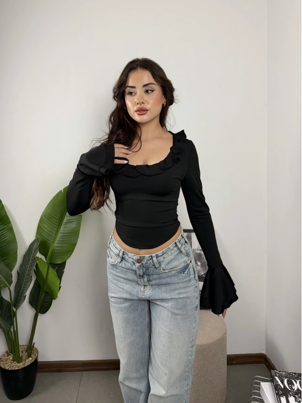 Carmen İspanyol Kollu Bluz Siyah