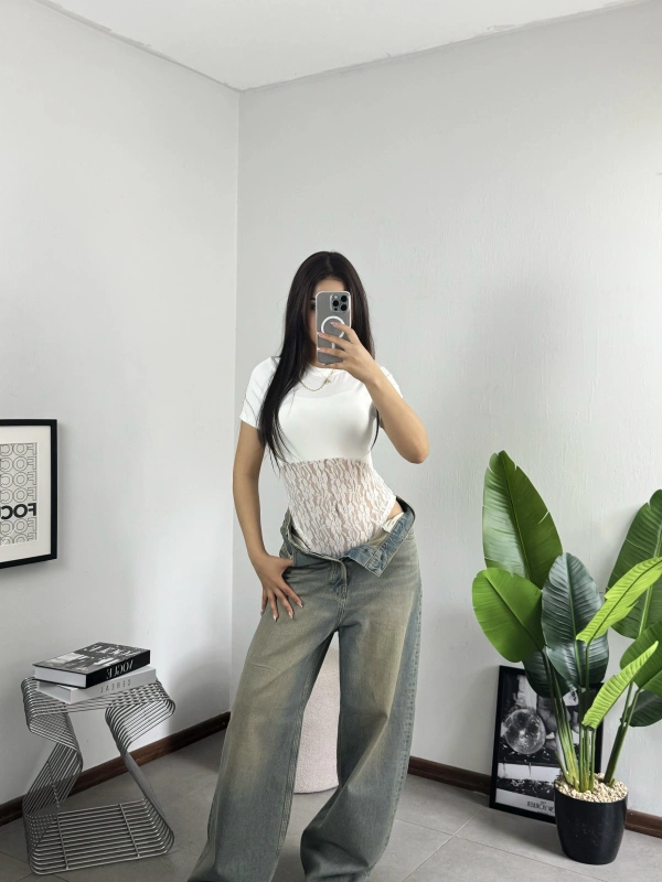 Dantel Dokulu Bodysuit Beyaz
