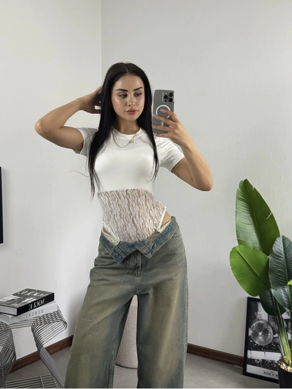 Dantel Dokulu Bodysuit Beyaz