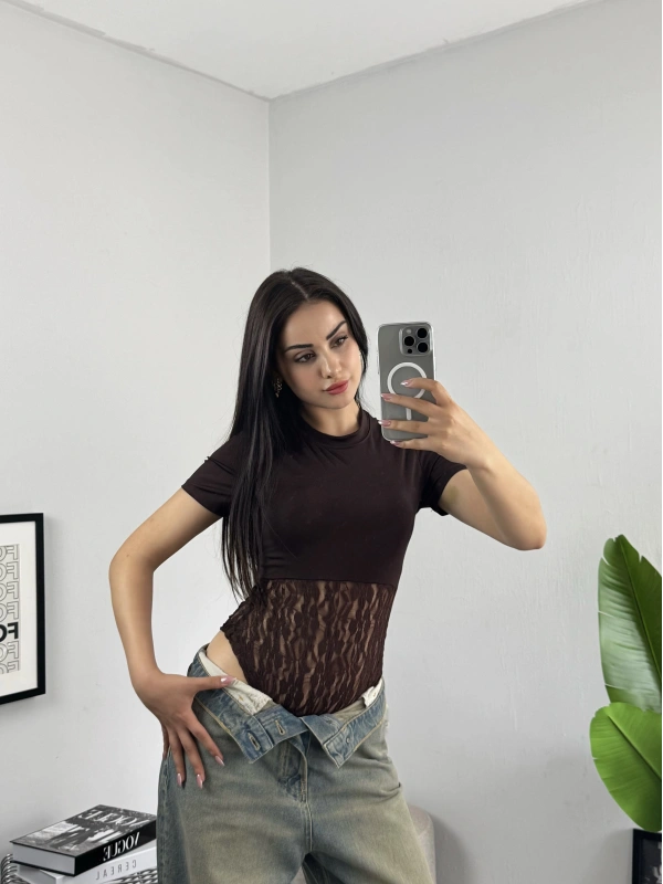 Dantel Dokulu Bodysuit Kahve