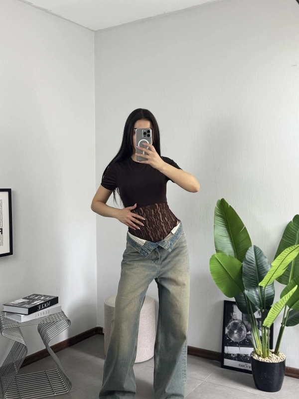 Dantel Dokulu Bodysuit Kahve