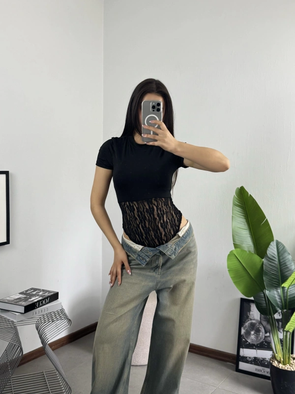 Dantel Dokulu Bodysuit Siyah