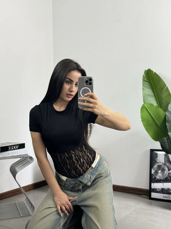 Dantel Dokulu Bodysuit Siyah