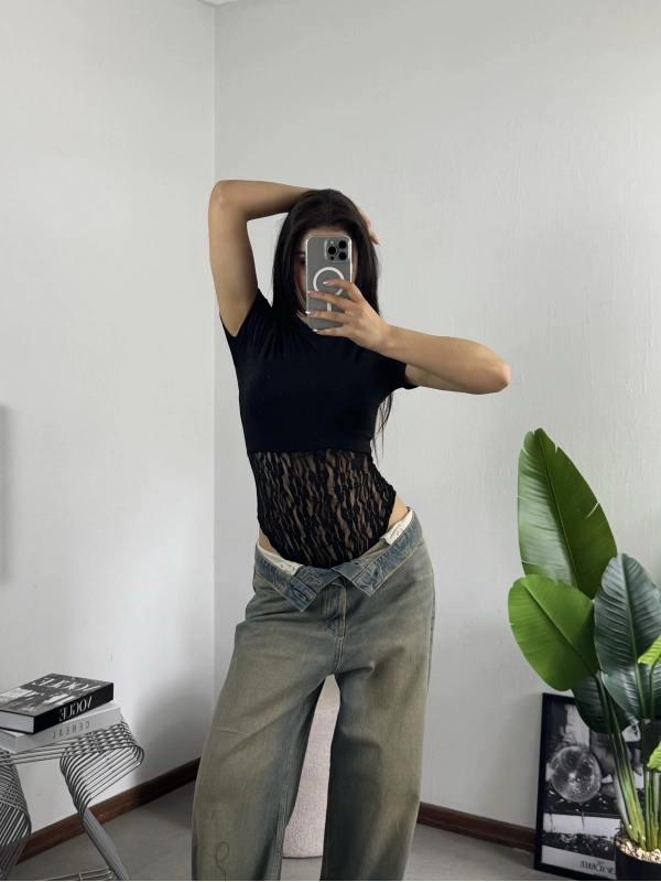 Dantel Dokulu Bodysuit Siyah