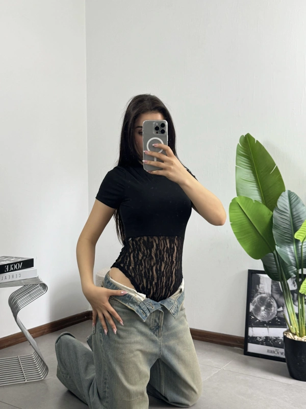 Dantel Dokulu Bodysuit Siyah