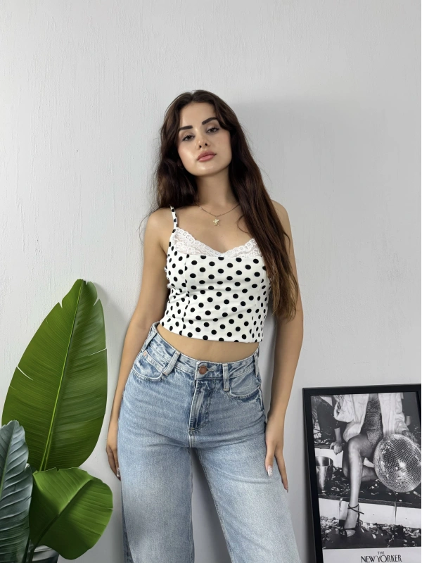 Dantel Yaka Puantiye Crop Beyaz