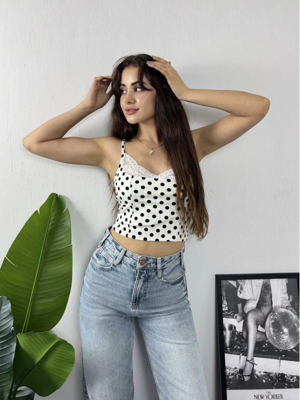 Dantel Yaka Puantiye Crop Beyaz