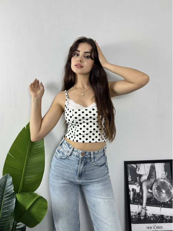 Dantel Yaka Puantiye Crop Beyaz