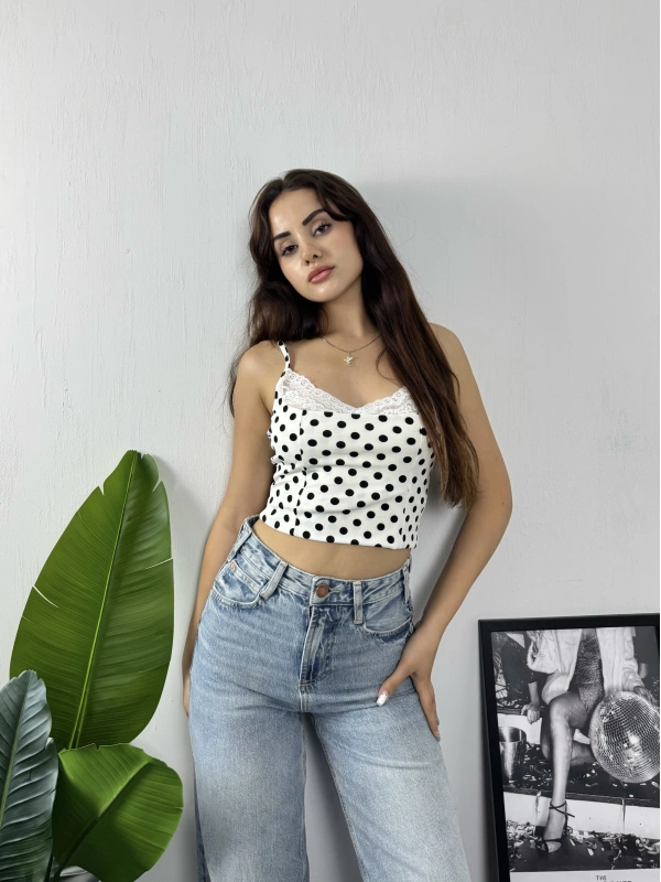 Dantel Yaka Puantiye Crop Beyaz