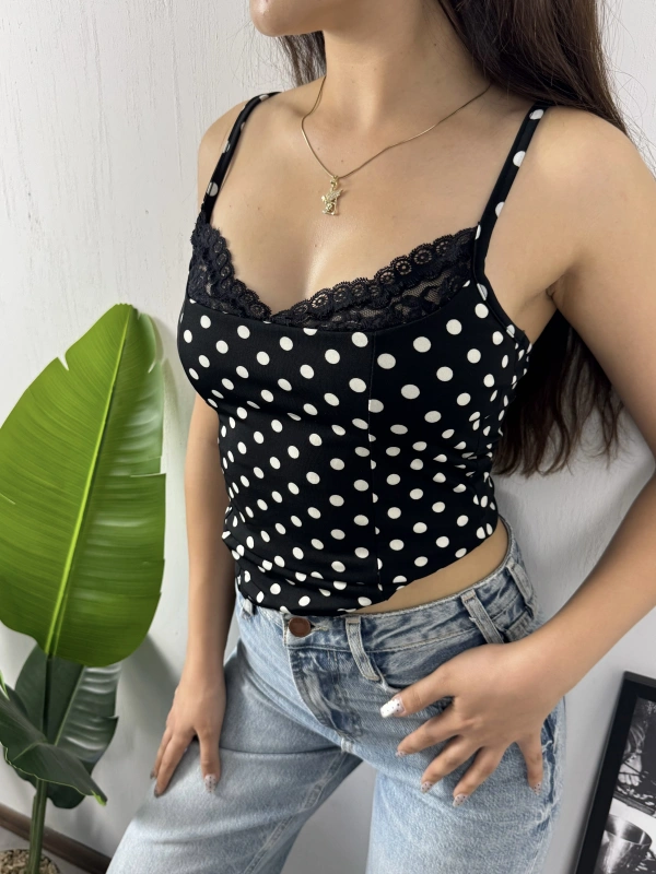 Dantel Yaka Puantiye Crop Siyah