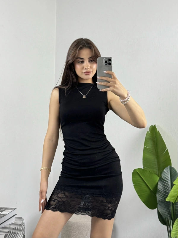 Dantelli Modal Mini Elbise Siyah
