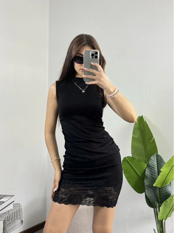 Dantelli Modal Mini Elbise Siyah