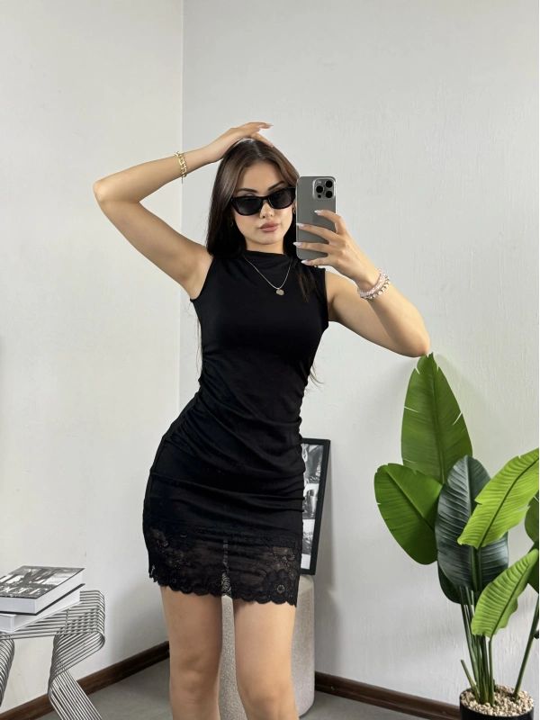 Dantelli Modal Mini Elbise Siyah