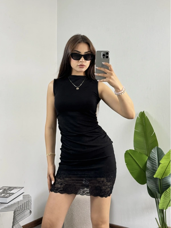 Dantelli Modal Mini Elbise Siyah