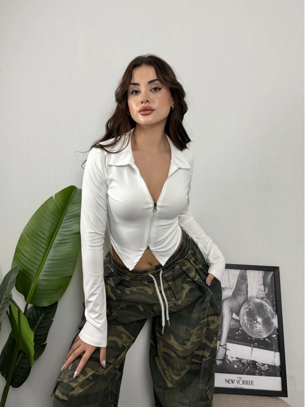 Grace Fermuarlı Beyaz Bluz