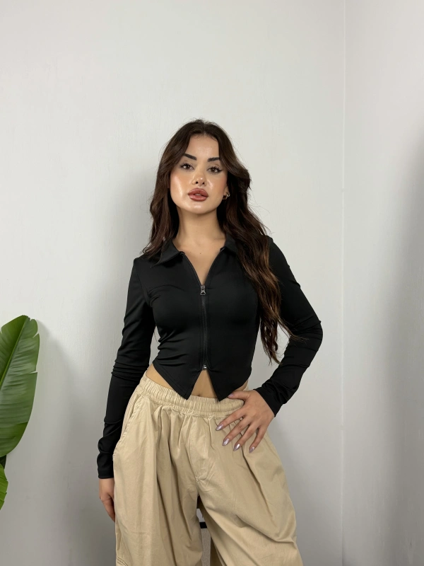 Grace Fermuarlı Siyah Bluz