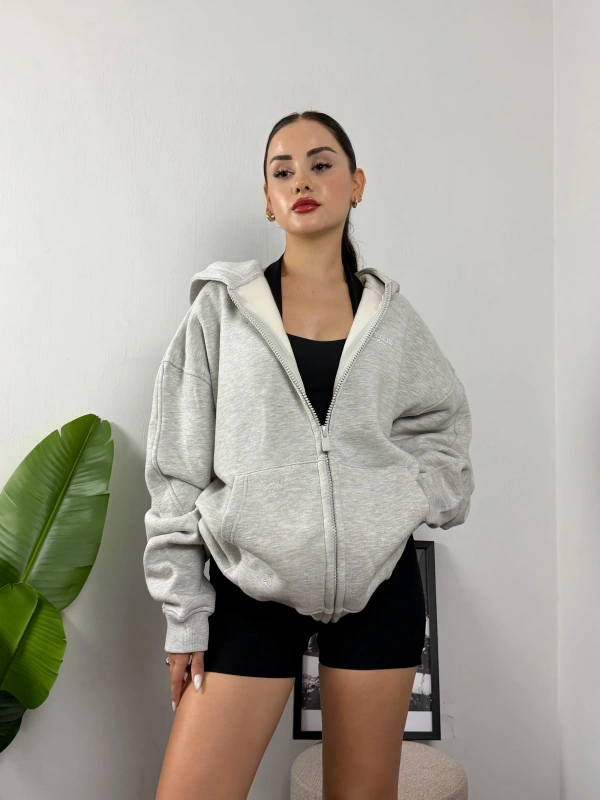 Gri Karmelanj Boutique Fermuarlı Oversize Hoddie Sweat