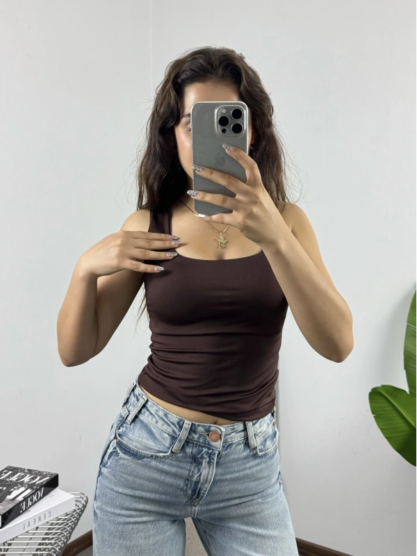 Kare Yaka Croptop Kahve