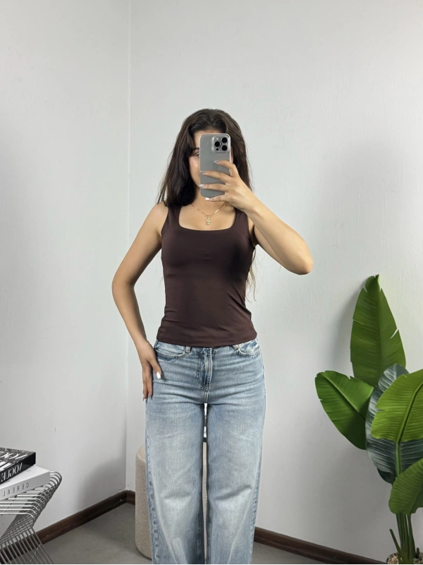 Kare Yaka Croptop Kahve