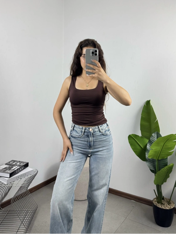 Kare Yaka Croptop Kahve
