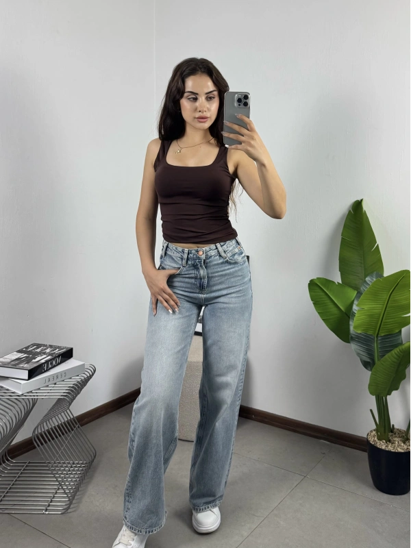Kare Yaka Croptop Kahve