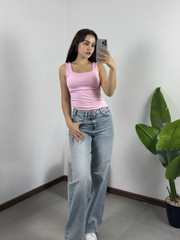 Kare Yaka Croptop Pembe