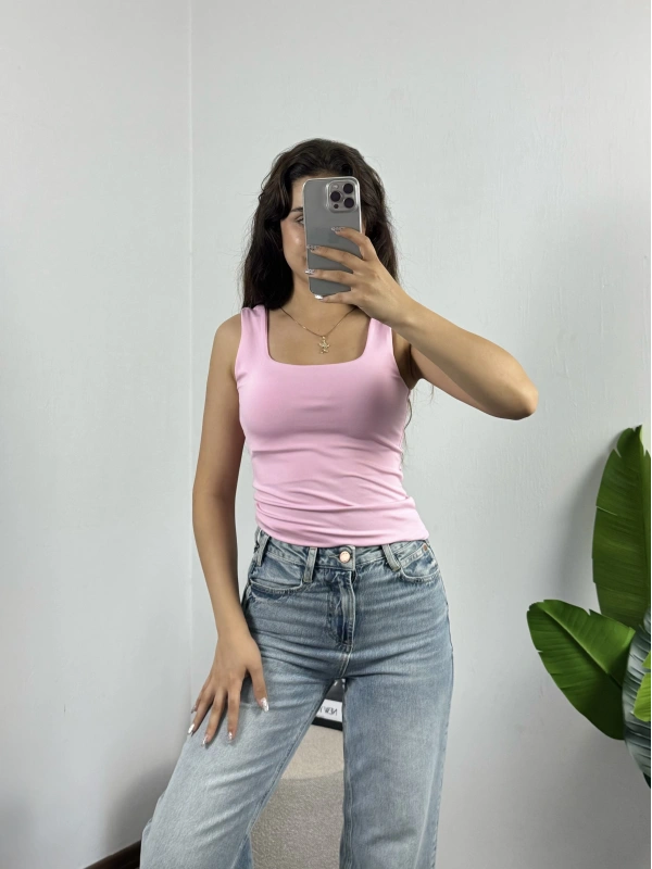 Kare Yaka Croptop Pembe