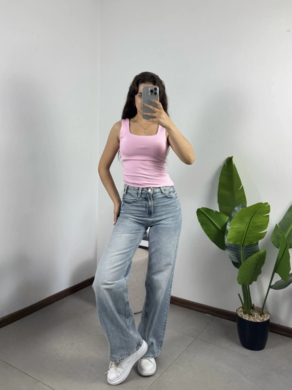 Kare Yaka Croptop Pembe