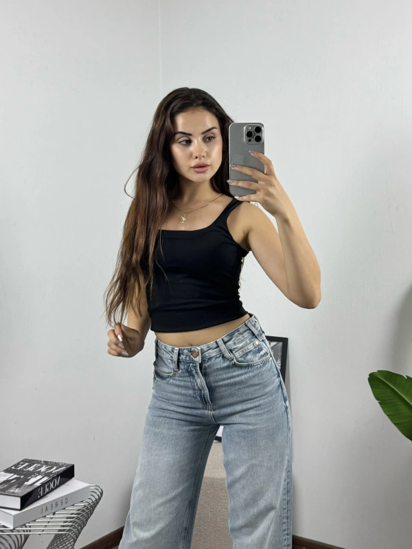Kare Yaka Croptop Siyah